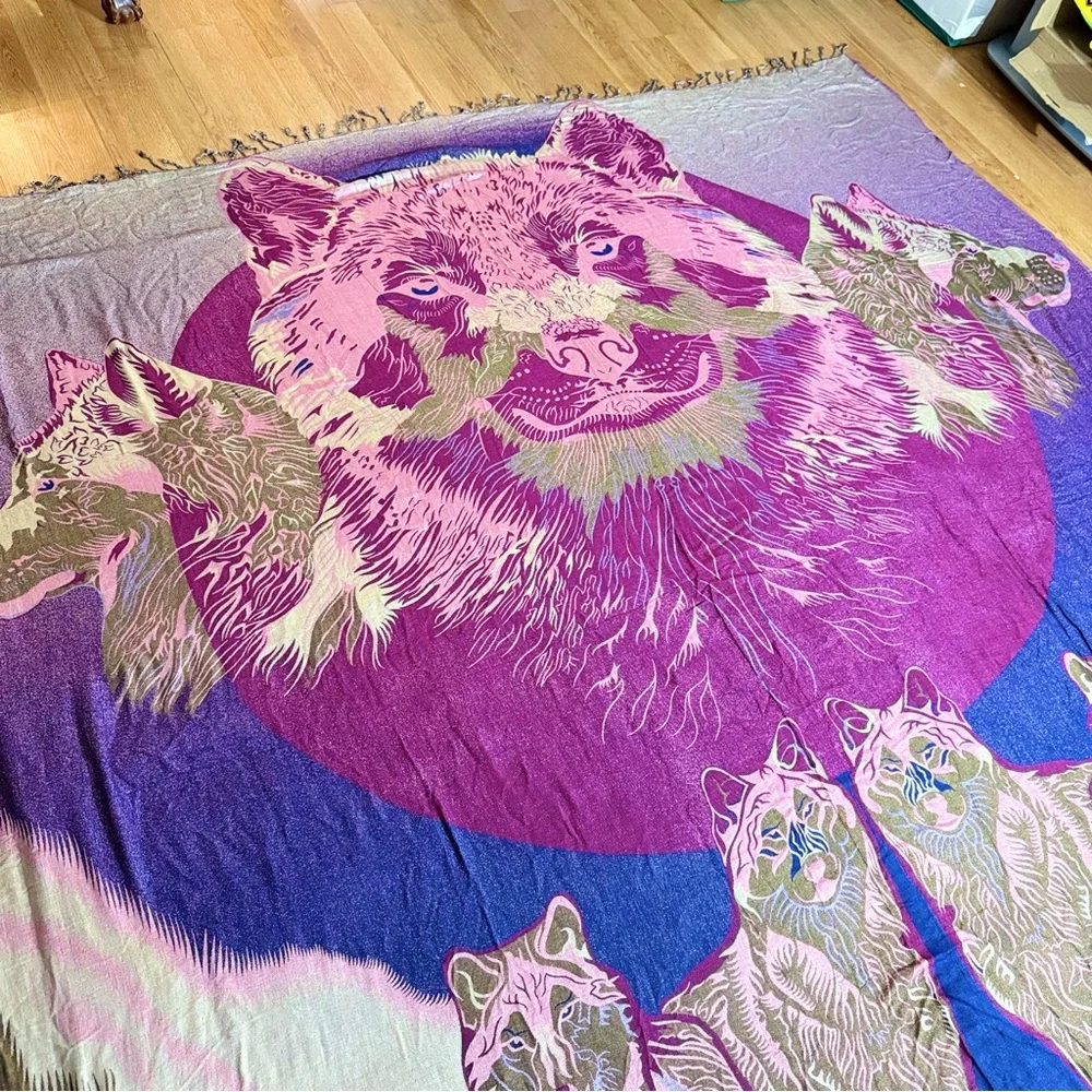 Vintage Wolf Tapestry Blanket Reversible Wall‎ Hanging Lodge Boho Rustic 97x89